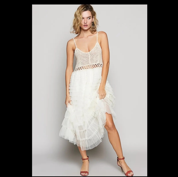POL Dresses & Skirts - POL Sleeveless Crochet With Lace Ruffle Dress - Cream - OS